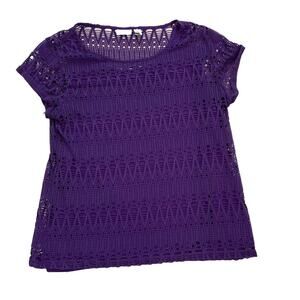 Chico's Purple Crochet Short Sleeve Open Knit Top Built in Tank, Lined, Size L